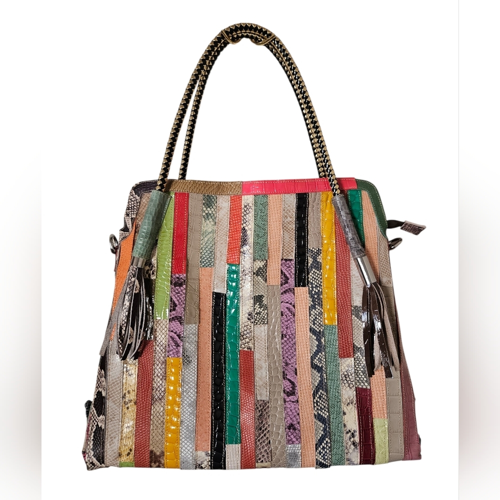 Multicolor Mixed Media Patchwork Striped Leather … - image 2